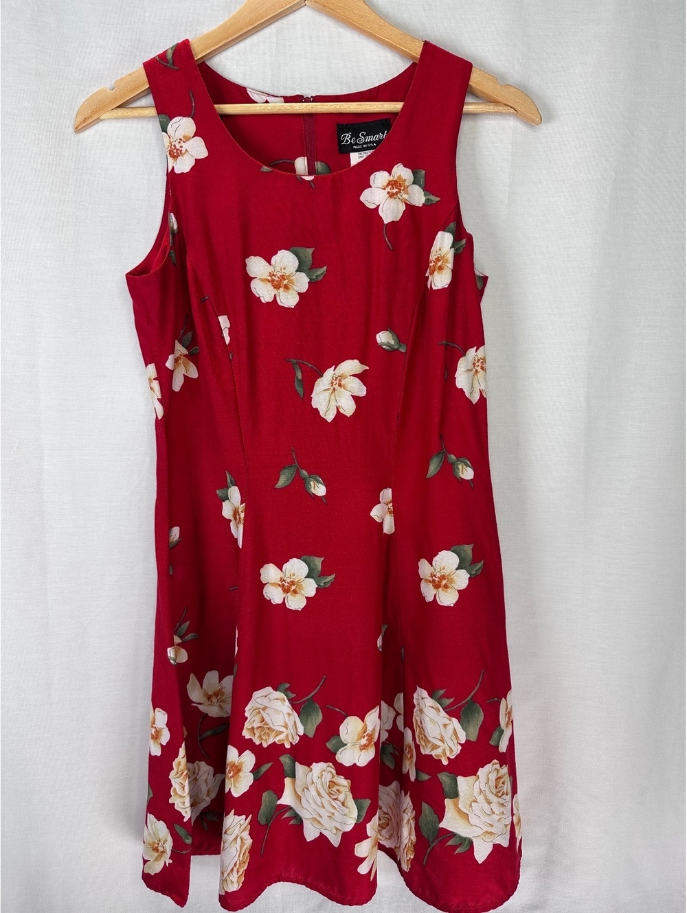 Vintage Be Smart Size 7/8 Red Floral Sleeveless Fit & Flare Dress Made in USA